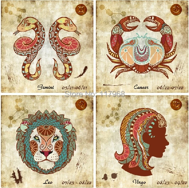 Vintage Twelve Zodiac Framless Canvas Art Paintings, Abstract Free