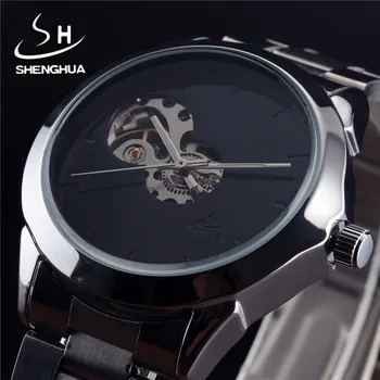 

SHENHUA Brand Black Dial Skeleton Mechanical Watch Stainless Steel Strap Male Fashion Clock Automatic Self Wind Wrist Watches