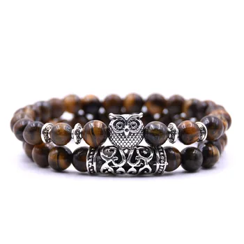 

HYHONEY 2pcs/set 8mm Stone Tiger eyes Beads Owl Charm Bracelet Men jewelry Bracelets For Women pulseiras