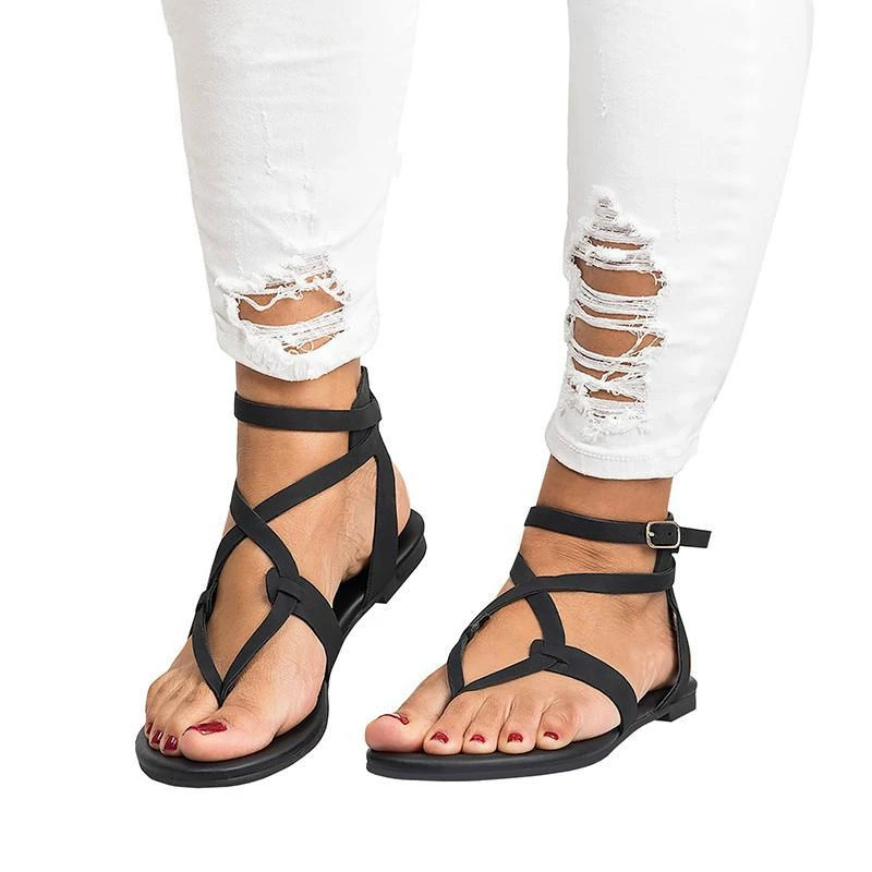 Large Size Women Sandals Summer Shoes Gladiator Style Flat Slippers with Ankle Strap Cross-tie Female Beach Sandals Solid Design