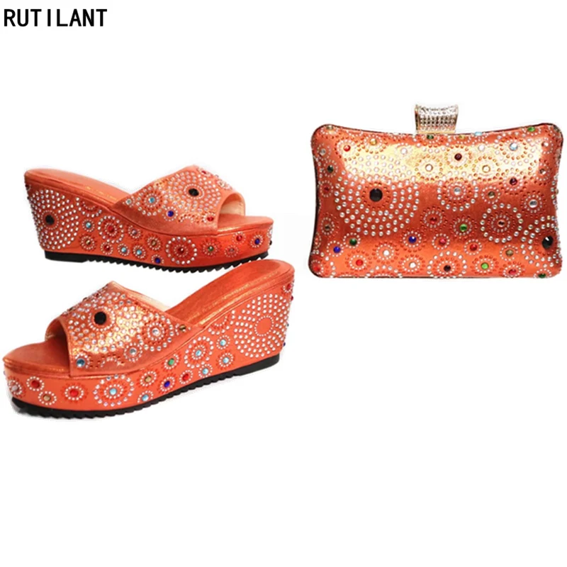 Orange Color Italy Shoe and Bag Set Decorated with Rhinestone Italian
