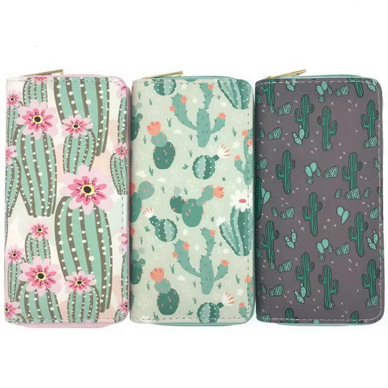 KANDRA Cactus Printing Women Long Wallet PU Leather Summer New Phone Pouch Ladies Plant Card Holder Bag Girls Zipper Coin Purse