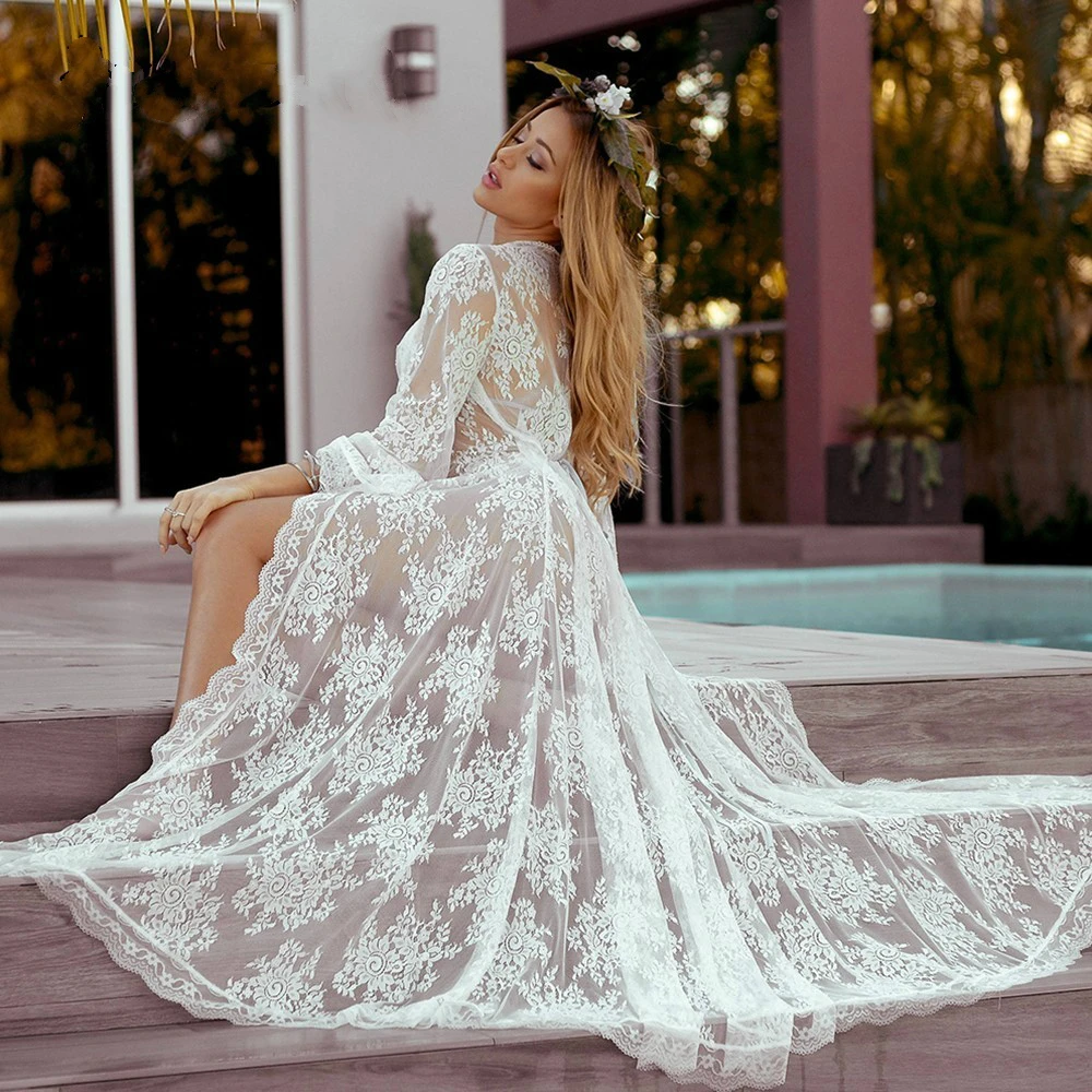 Bsubseach White Embroidery Lace Kimono Cardigan Long Sleeve Bathing Suit Cover Up Playa De La Mujer Elegant Robe Feminino |