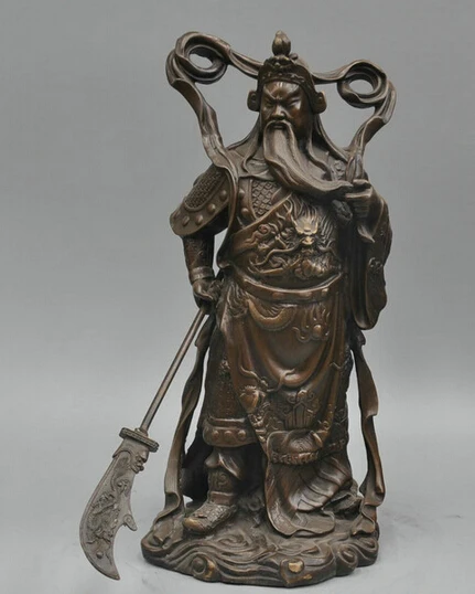 

16" China Bronze Warrior Guangong Hold Sword Guan Yu Door God Dragon Statue R0713 Discount 35%