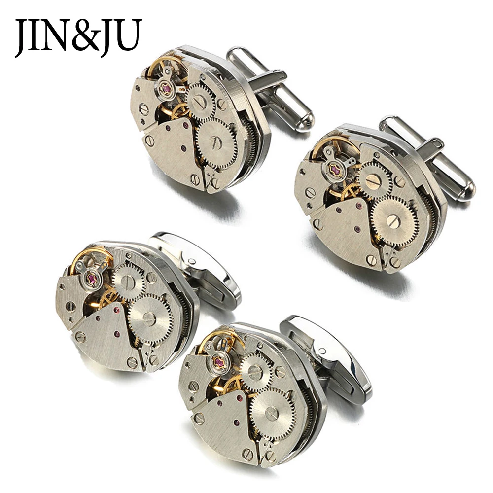 

JIN&JU Hot Sale Men Jewelry Two Design Watch Movement Cufflinks Of Immovable Steampunk Gear Watch Mechanism Cuff Links For Mens