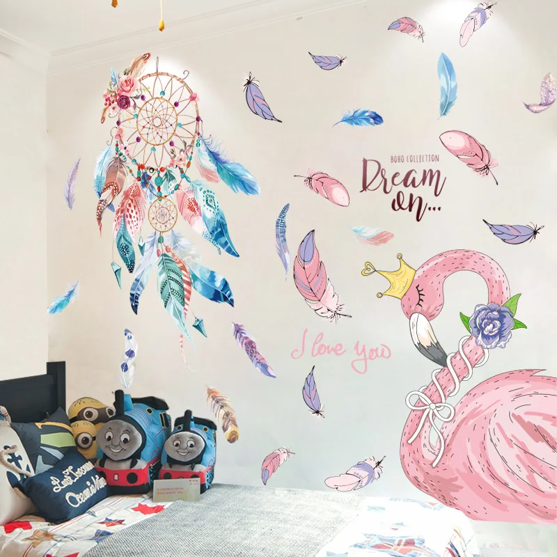 

[shijuekongjian] Flamingo Animals Wall Stickers DIY Dreamcatcher Feathers Mural Decal for Kids Rooms Baby Bedroom Decoration