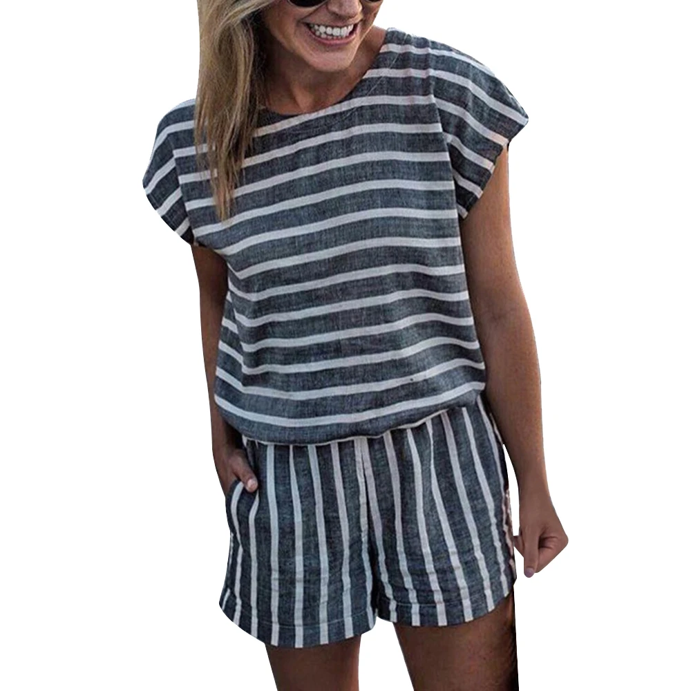 

Laamei Casual Striped Women Playsuits Fashion O-Neck Short Sleeve Romper Vintage 2019 Summer Female Short Overalls Jumpsuit
