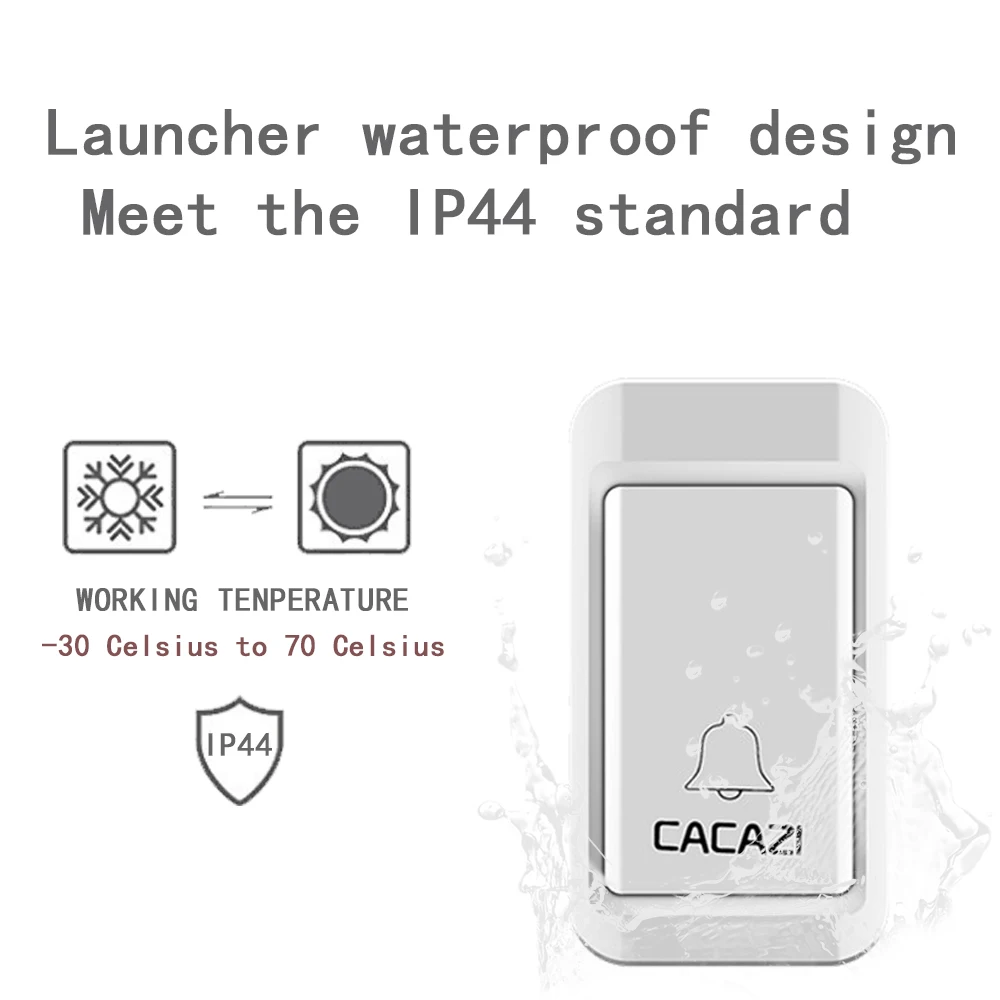 Беспроводной Автономный дверной звонок CACAZI, водонепроницаемый, без батареек, Smart US/EU/UK Plug, 120 м, пульт дистанционного управления, AC, светодиодный, кнопка приемника, 38 колокольчиков
