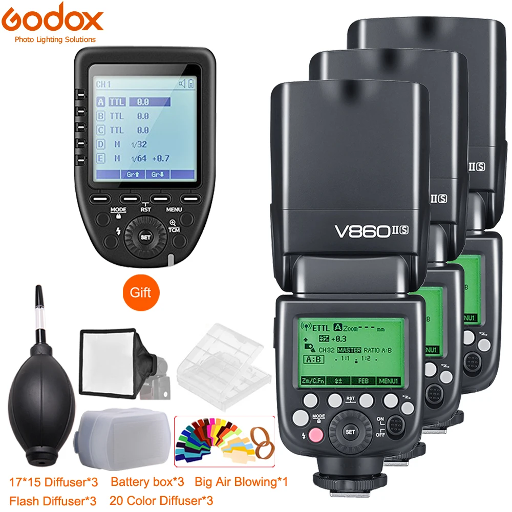 

Godox V860II GN60 HSS 1/8000s TTL Li-ion Battery Flash Speedlite 3PCS + Xpro Transmitter for Canon Nikon Sony Fuji Olympus