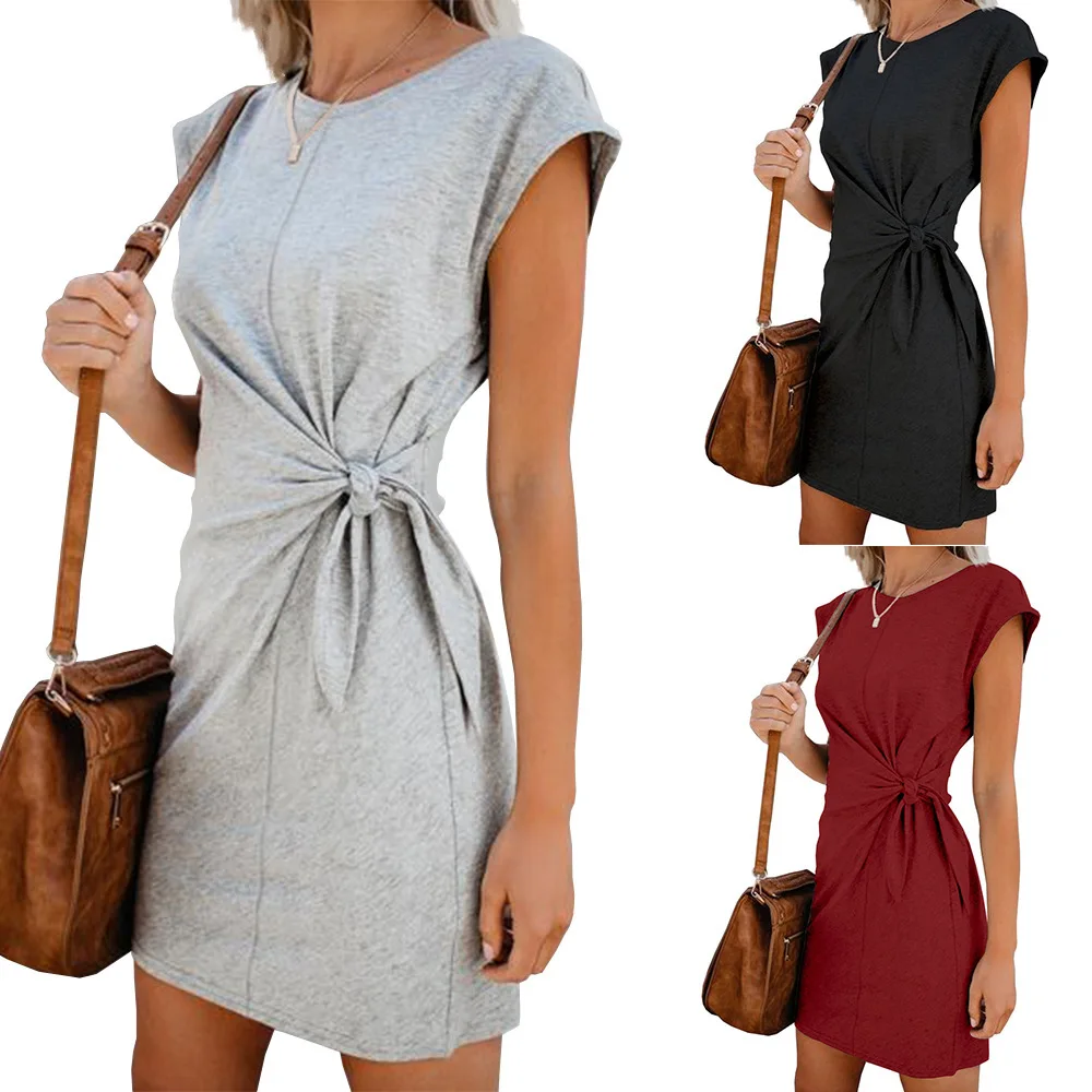 

Women Dress O Neck Twist Tie Waist Loose Short-Sleeved Dress