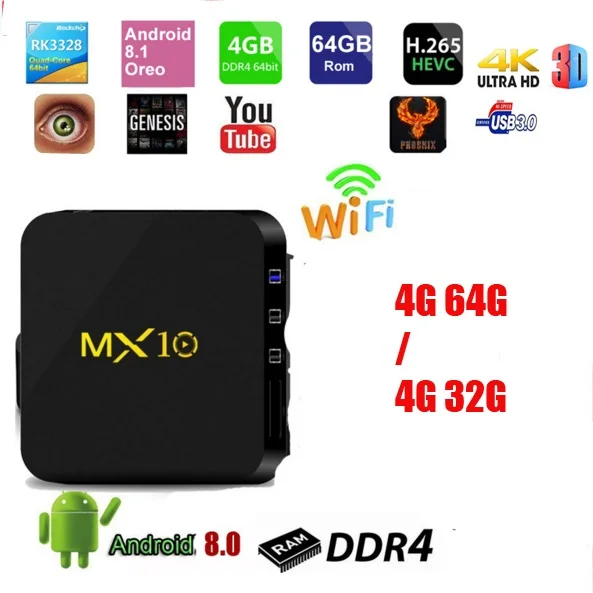 

20pcs MX10 TV BOX Android 8.1 vs h96 pro Rockchip RK3328 Quad-core 4GB RAM 32G/64G ROM Suppot H.265 4K 2.4G WiFi Set-top box