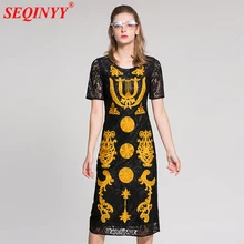High End Black Lace Dress 2018 Summer Vintage Fashion Short Sleeve Lace Hollow Out Palace Floral Embroidery Cultivate Mid Dress floral nine points sleeve hollow lace dress