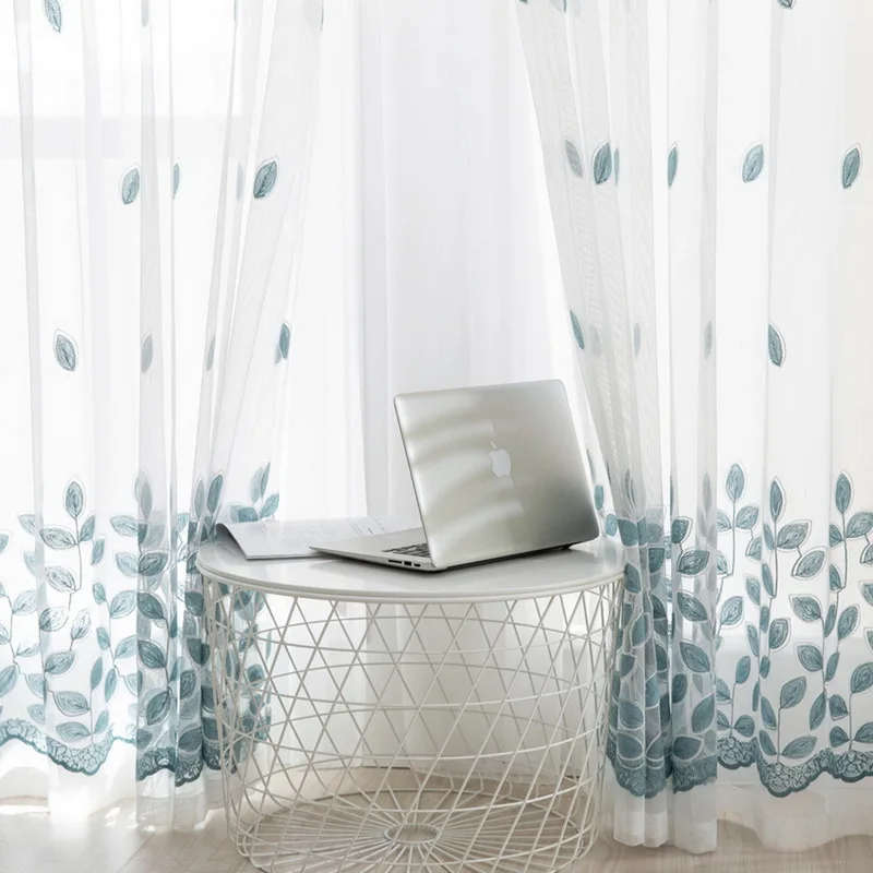 Blue Four-leaf Clover Embroidery Tulle Curtains For Living Room Sheer Panels White Voile Curtains For Bedroom Kitchen M099#4