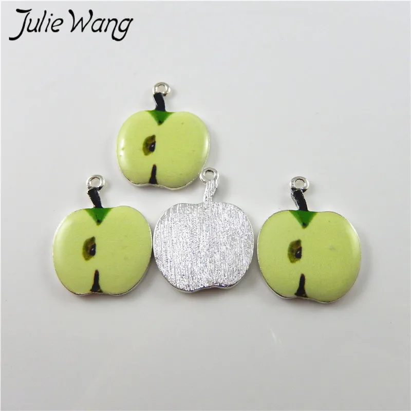 Julie Wang 10pcs Green Apple Kiwi Orange Strawberry Cute Fruit Shape Enamel Alloy Little Charms Women Jewelry Findings Hot Sale