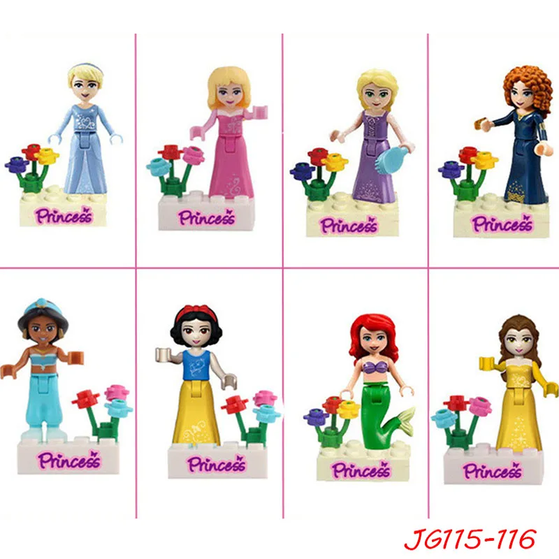 

8Pcs Compatible Legoing Princess Figures Block Set Mermaid Snow White Belle Jasmine Cinderella Aurora Girls For Xmas Gifts