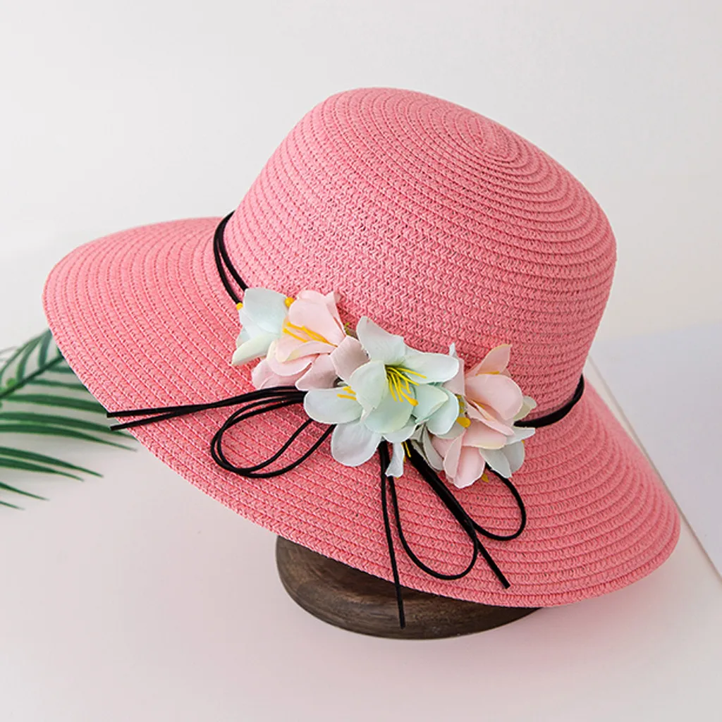 От 2 до 6 лет, модные летние детские шляпы для мальчиков и девочек, дышащая шляпа с цветком, Соломенная пляжная шляпа, аксессуары для волос - Цвет: Watermelon Red