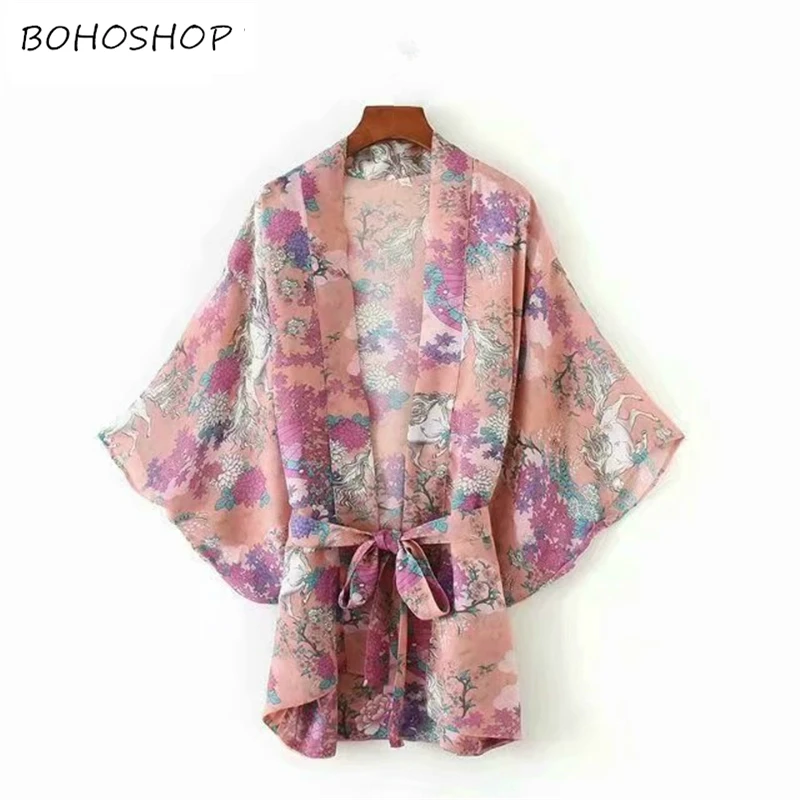 

Vintage chic women horse floral print bat sleeve beach Bohemian kimono dresses Ladies V neck Tassel Summer Boho dress vestidos