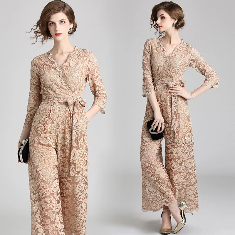 Designer Runway Wide Leg Jumpsuits Women Chic Lace Up Sexy Lace Rompers Loose Casual Long Pants Suits Woman Jumpsuit Maxi Khaki