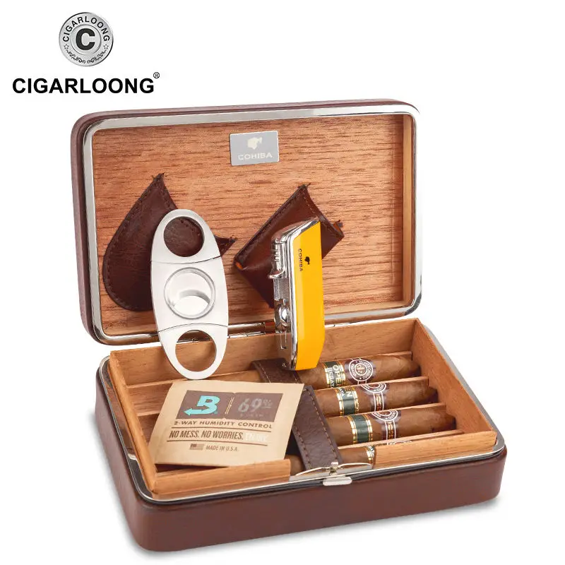 COHIBA Коричневый кожаный сигарный хьюмидор чехол из кедрового дерева чехол для сигар Humidor с зажигалкой резак увлажнитель подарочный набор CLA-B0052 - Цвет: as picture show