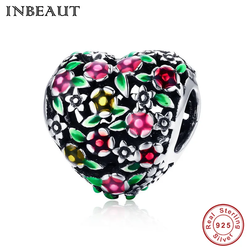 

INBEAUT Lovely Flowering Shrubs Beads 100% Real 925 Sterling Silver Cute Flower Leaf Carved Heart Charms fit Original Bracelet