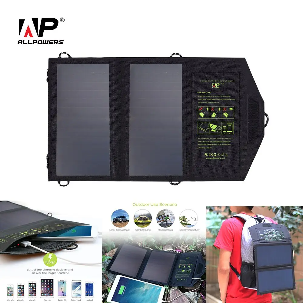 

ALLPOWERS 14W Solar Charger 5v 2A Dual USB Solar Panel Power Charger Foldable Power Bank for Smartphones