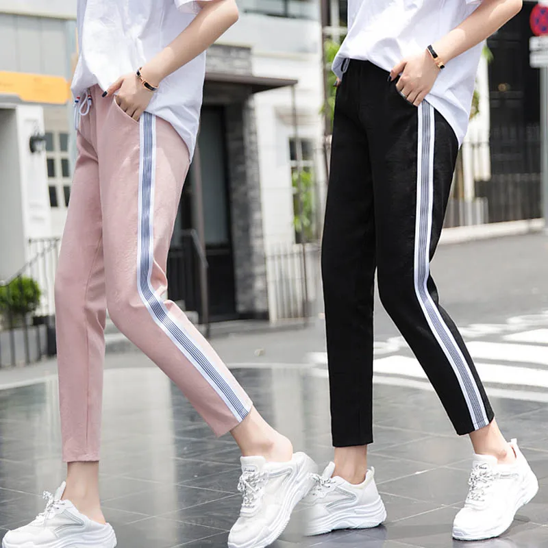 

[AoSheng] Pink New Women Cotton High Waist Harem Pants Drawstring Sweet Elastic Waist Pockets Casual Loose Trousers Side Striped