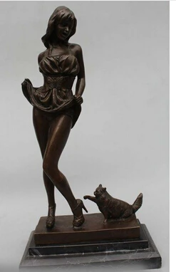 

Copper Brass CHINESE crafts decoration Asian 16"Western Art sculpture Bronze Marble Belle Girl Women Cat Statue