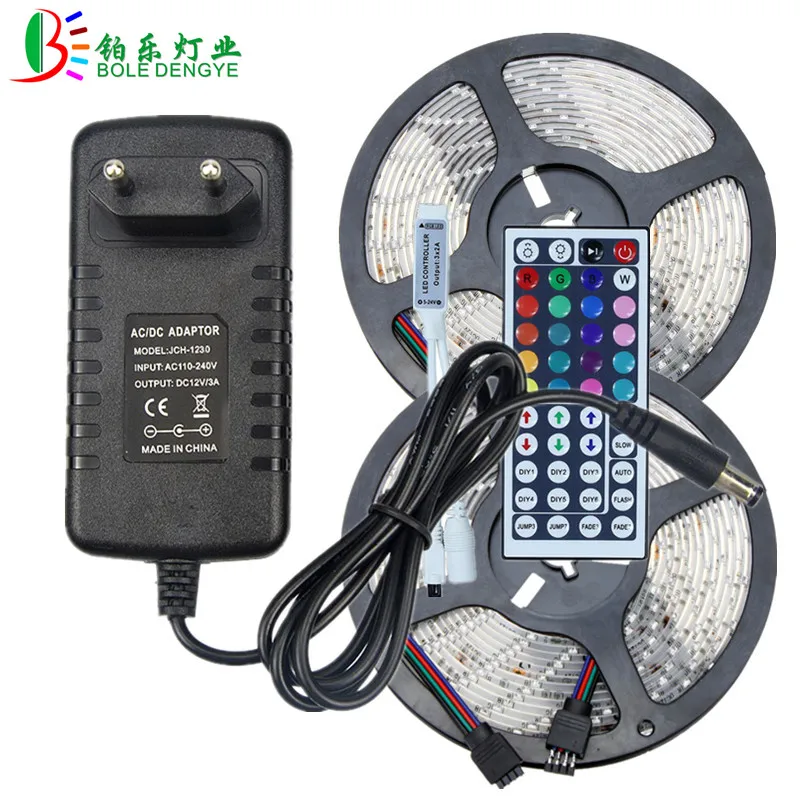

12V LED Strip Light SMD 2835 Waterproof RGB LED Strip Multicolor Flexible Tape Ribbon+44key RGB LED Controller+LED Power Adapter