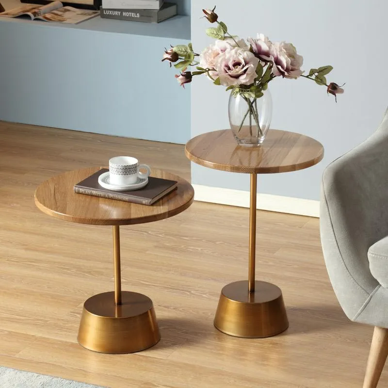 Round Oak Wood End Table Living Room Metal Base Oak Wood Top Coffee Table