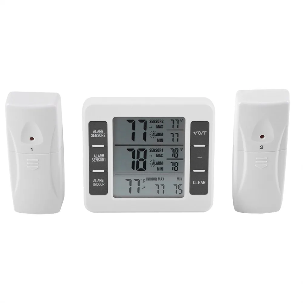 

Wireless Digital Audible Alarm Refrigerator Thermometer with 2PCS/1pcs Sensor 0-50C with C/F Max Min Value Display