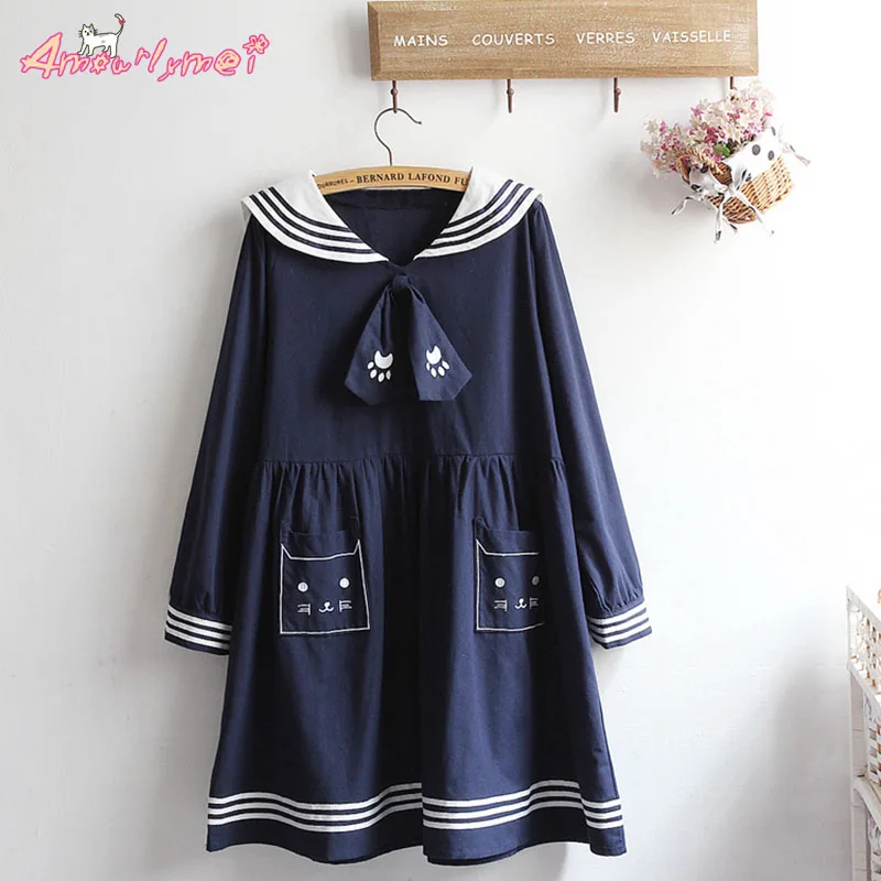 

spring new women dress 2018 mori girl Lolita sailor collar cat's paw embroidered long sleeve white blue navy dress vestidos