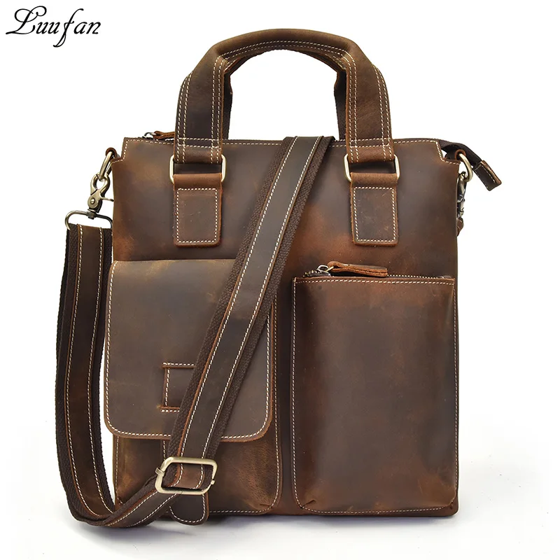 

Genuine Leather Shoulder Bag crazy horse leather Zipper Design Men Briefcase handbag Top handle male Messenger Bag for Document