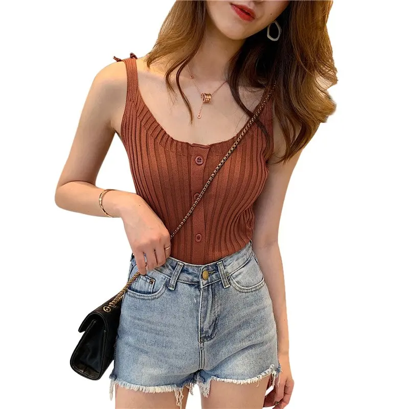 

2019 summer sexy Women Buttons U Neck Sleeveless Solid Knitted Tank Top