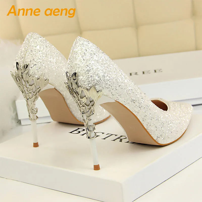 Women Pumps High Thin Heel Metal Pointed Toe Shallow Ladies Bling ...