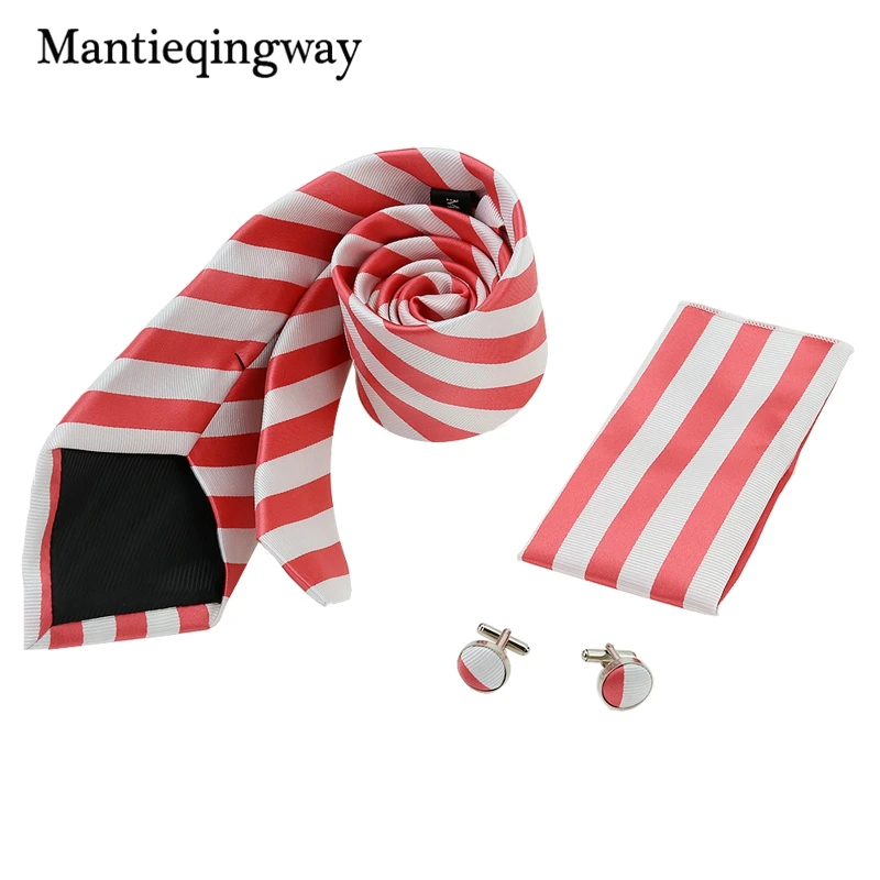 Mantieqingway новый бренд полиэстер в полоску Для мужчин s комплект запонки + 8,5 см галстук + платок наборы для Для мужчин Повседневное свадебные