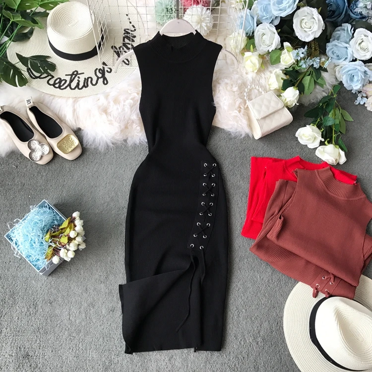 

2019 new fashion women's Sexy dress summer dress split straps slim tight knit sleeveless self-cultivation