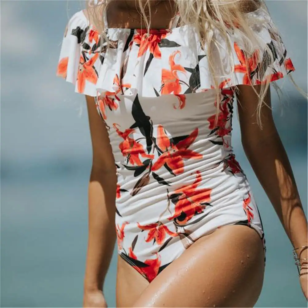 

Off Shoulder One Piece Swimsuit Ruffle Swimwear Women 2017 New Floral Swim Suits Sexy Flounced Monokini Push Up Bathing Suit XL