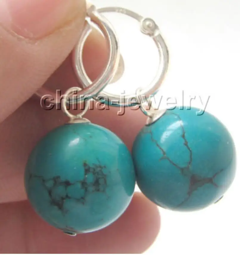 

FREE SHIPPING hot sale Beautiful 14mm natural round turquoises earring - 925 silver hoop