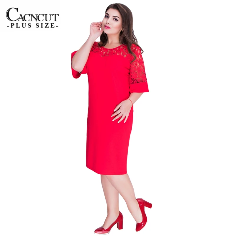 CACNCUT 5XL 6XL летнее Новое Кружевное элегантное женское платье большого размера однотонное красное офисное женское платье с коротким рукавом большого размера голубое - Цвет: red