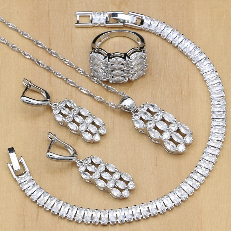 

Natural 925 Silver Bridal Jewelry White Crystal Jewelry Sets For Women Wedding Earrings Necklace Set Dropshipping