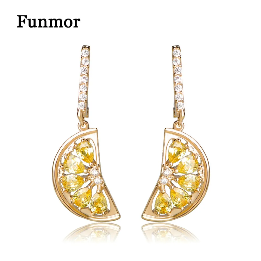 FUNMOR Fan Lemon Shape Copper Dangle Earrings Yellow CZ Zircon Fruit Earring For Women Girls Dance Party Ear Jewelry Oorbellen | Украшения