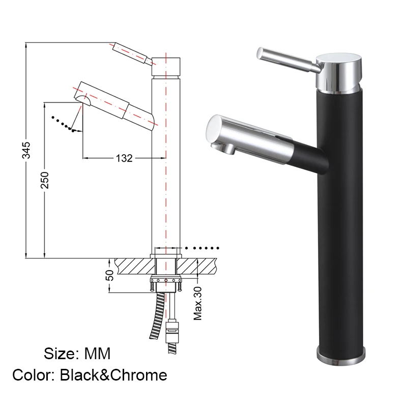 ICI медная, для ванной черно-белая отделка выдвижной опрыскиватель смеситель Sinlge Ручка Раковина кран смеситель - Цвет: Black 13.5 Inch
