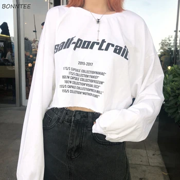 

Hoodies Women Streetwear Short Loose Letter Printed O-Neck Thin Long Sleeve Womens Ulzzang Trendy Korean Style Chic Harajuku