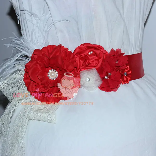 Красный цветок створки перо и горный хрусталь пояс цветок девушки ленты, свадебные ленты пояс для беременных для фотосессии во время беременности Опора 48 шт./партия