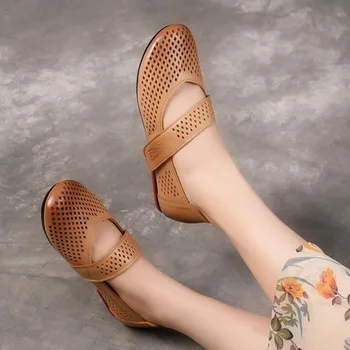 

Spring Summer Handmade Cut-Outs women's shoes Genuine Leather female moccasins loafers soft outsole casual shoes flat sandals