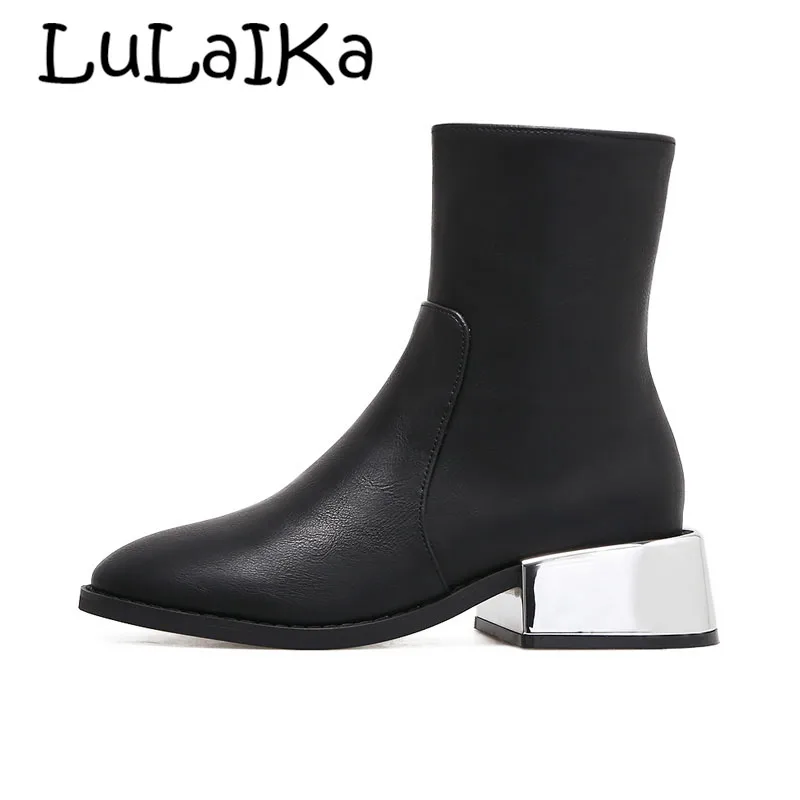 

2018 winter leather fashion shoes for woman ankle boots short plush square heels martin boots metal heel Woman High Heel Boot
