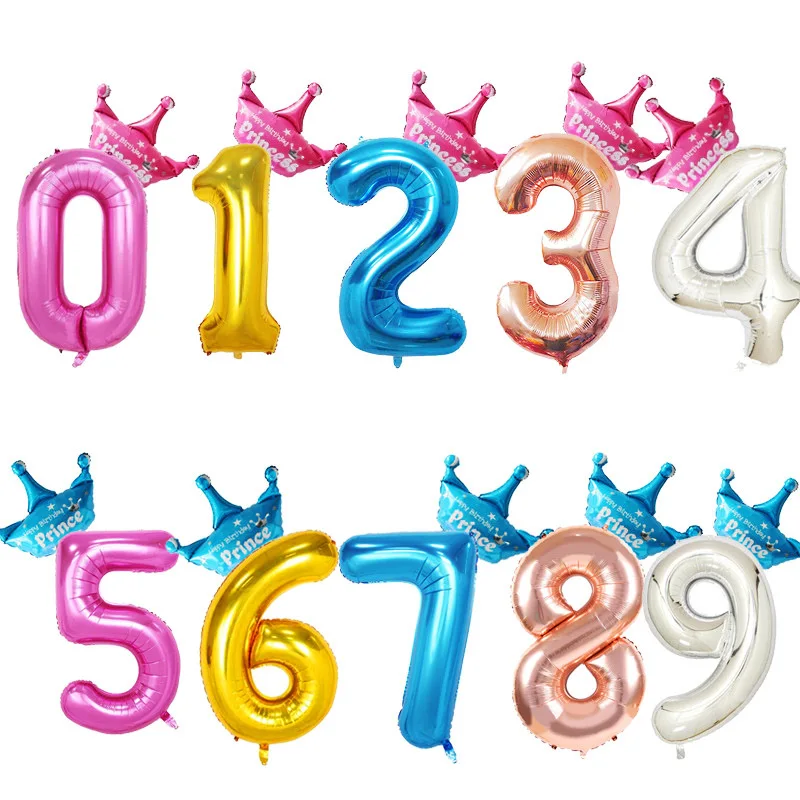 

40inch 0-9 Number Foil Balloon Birthday Party Decoration Blue Pink Crown Balloons 1st 2nd Birthday Party Helium Digital Ballons