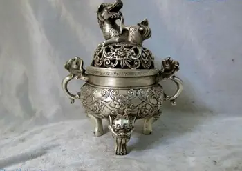 

Fine silver censer China carved flowel ucky Foo Dogs Lion incense burner Statue