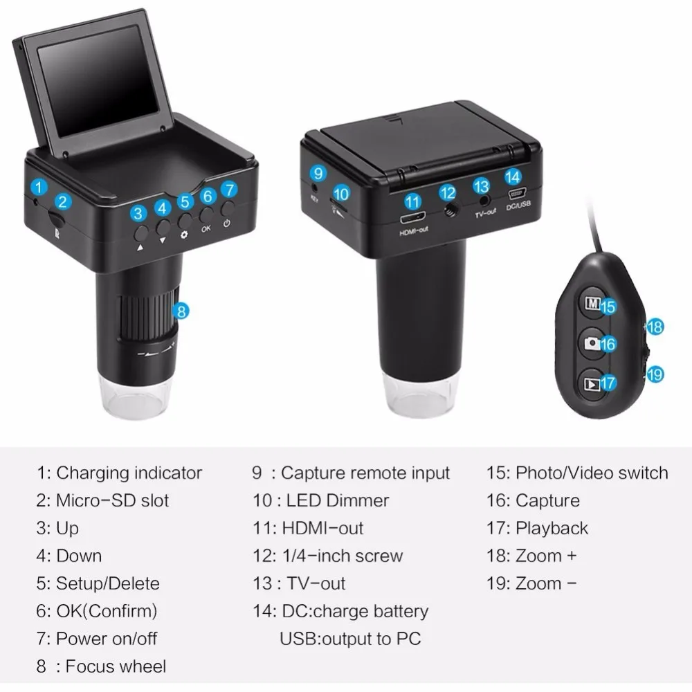 1080P HDMI/AV/USB цифровой микроскоп зум 20-220X с регулируемой подставкой и 6 светодиодный 2,4 дюймовый ЖК-камера видео микроскоп