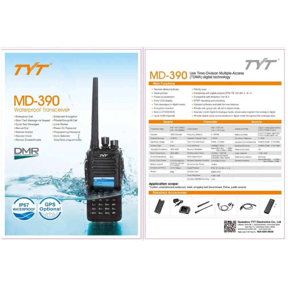 2 шт. DHL Бесплатная доставка TYT md-390 UHF 400-480 мГц DMR цифровой двухстороннее Радио Двухканальные рации 1000ch 2800 мАч IP67 водонепроницаемый md390